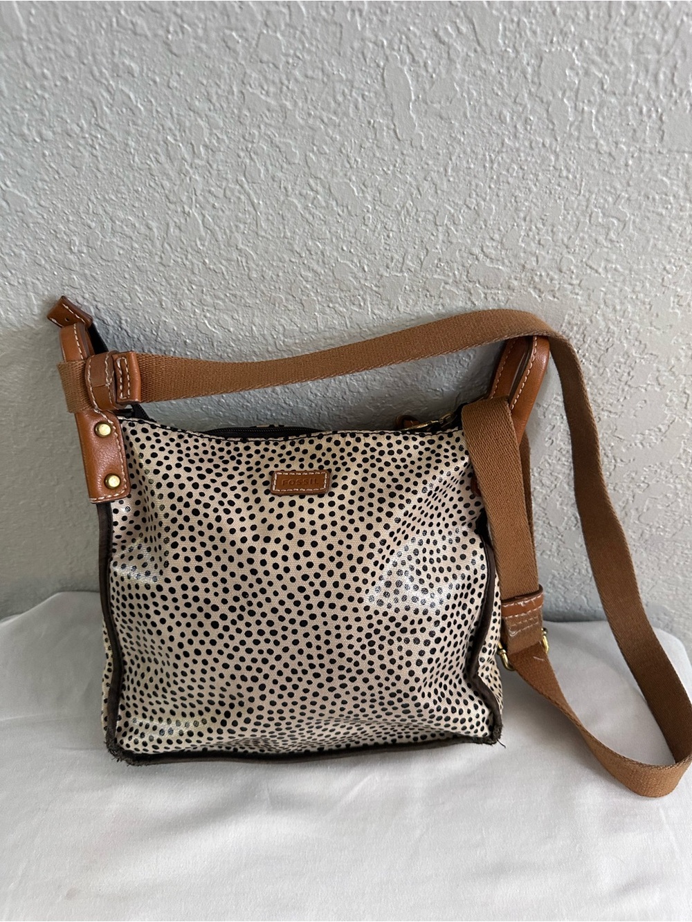 Fossil Key-Per Polka Dot Coated Canvas Crossbody Bag Brown Leather Trim